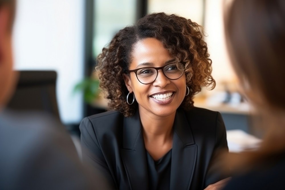 Female lawyer talking glasses office.